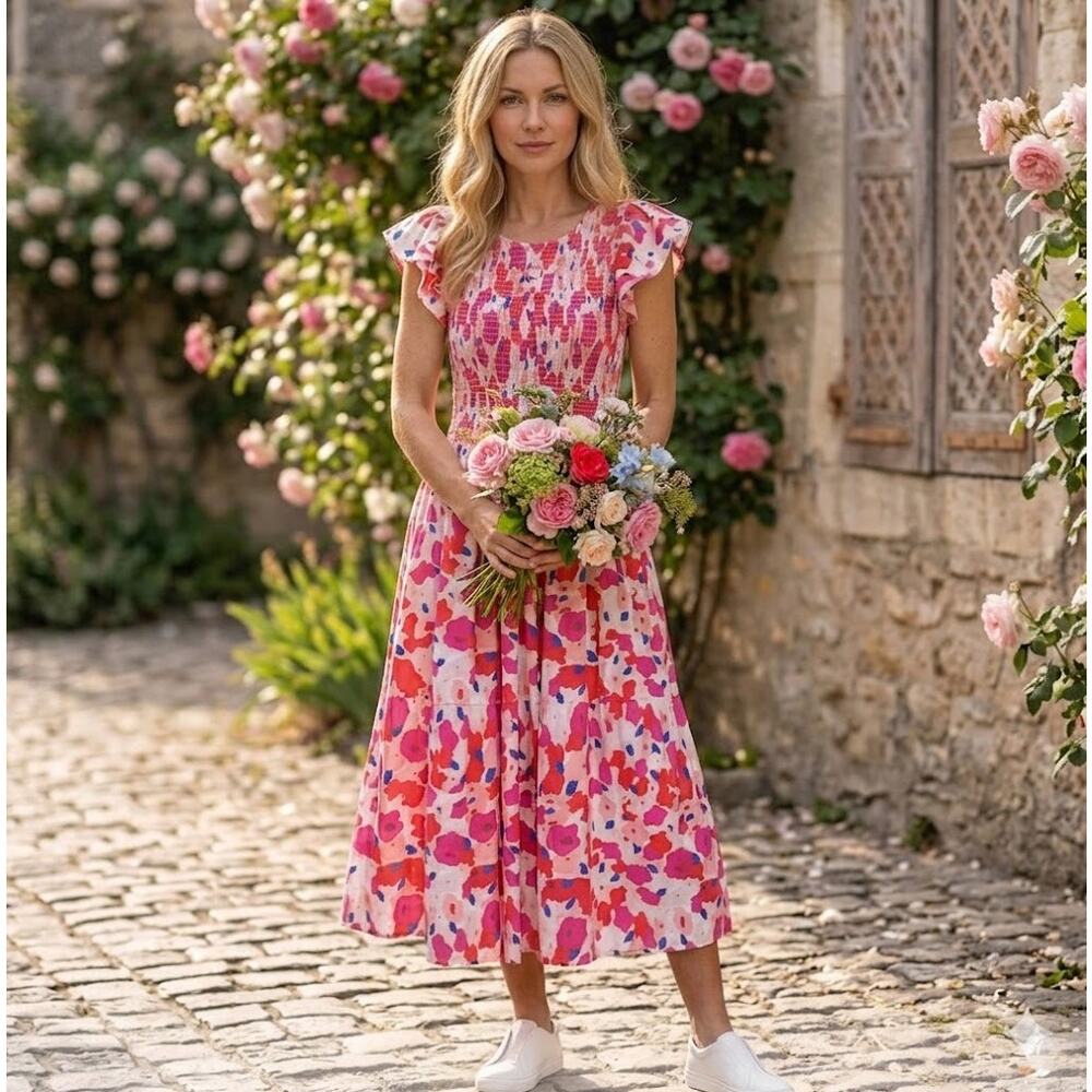 SHEIN Floral Smocked Midi Dress Pink Red Flutter Sleeve L